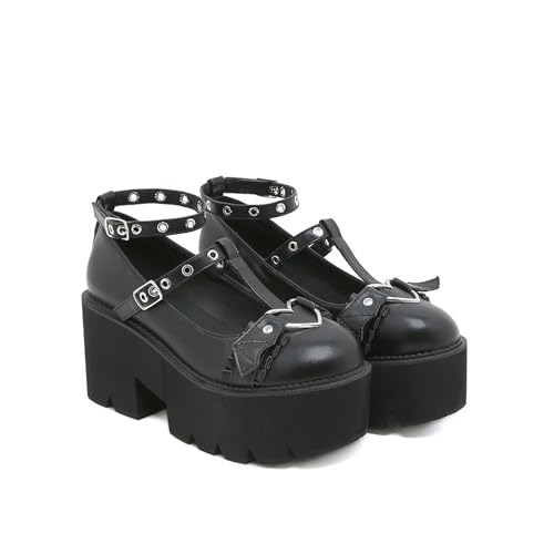Damen Knöchelschnalle Riemen Wide Fit Pumps - Gothic geschlossene Zehenpartie Mary Janes Schuhe - für Anime Convention, Party, Cosplay Events,Schwarz,36 EU von FhiHUEpr