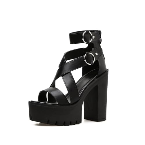 Damen Kreuz Knöchelriemen Plateau Gladiator Sandalen, Chunky Heel Schuhe für Laufsteg Shows Hochzeit Party,Schwarz,38 EU Damen Kreuz Knöchelriemen Plateau Gladiator Sandalen, Chunky Heel Schuhe für Laufsteg Shows Hochzeit Party,Schwarz,38 EU von FhiHUEpr