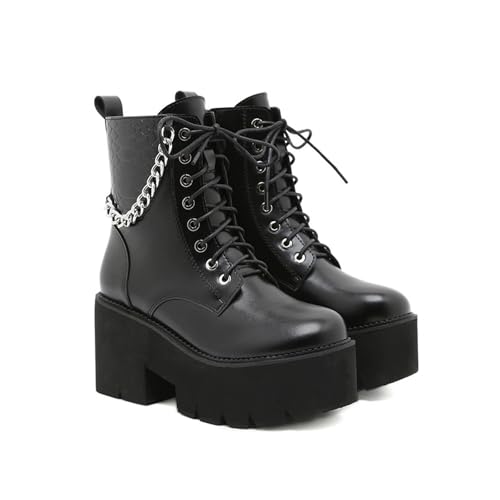 Damen Lace Up Combat Stiefeletten - Mode Niedrig Chunky Heel Stollen Sohle Fall Heeled Booties Schuhe zum Gehen, Ausgehen,Schwarz,40 EU von FhiHUEpr