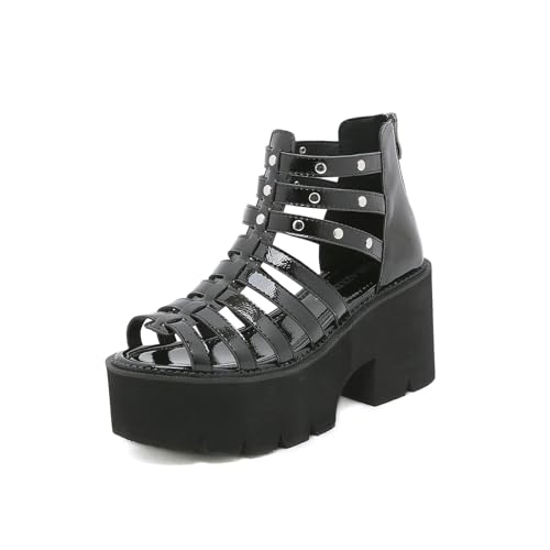 Damen Lackleder Gladiator Sandalen mit runder Zehenpartie - Leichte Keilsandalen für Strandurlaub, tägliches Spazierengehen, Reisen,Schwarz,42 EU von FhiHUEpr