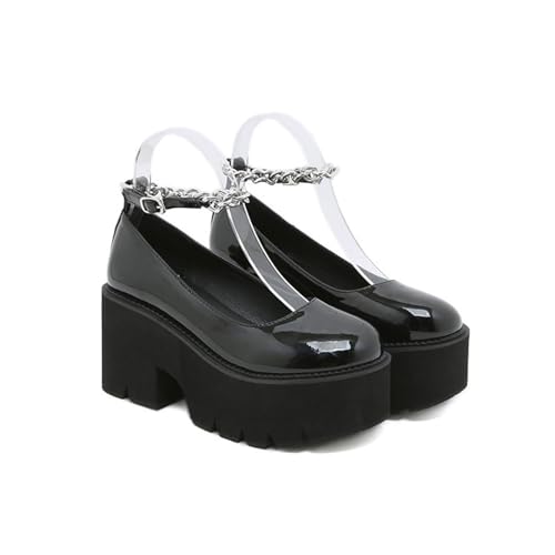 Damen Lackleder Metallkette Knöchelriemen Plateau Pumps, 8cm Chunky Heel Schuhe für Hochzeit Party Büro täglich,Schwarz,35 EU Damen Lackleder Metallkette Knöchelriemen Plateau Pumps, 8cm Chunky Heel Schuhe für Hochzeit Party Büro täglich,Schwarz,35 EU von FhiHUEpr