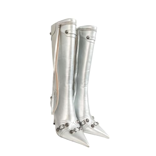 Damen Metallic Silberne Stiefel mit seitlichem Reißverschluss, kniehoch für breite Waden - Elegante Party- und Abendstiefel für Hochzeiten und Feiertage,Silber,35 EU von FhiHUEpr