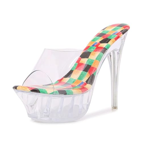 Damen Plateau High Heels - 14 cm Stilettoabsätze Offene Zehensandalen mit Rutschfester Sohle für Nachtclub, Hochzeitsfeier,Multi Colored,41 EU von FhiHUEpr