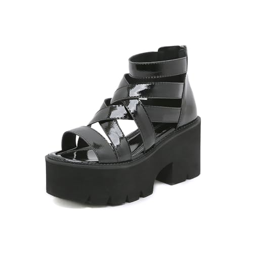 Damen Plateau-Keilsandalen mit runder Zehenpartie - Comfort Beach Walking Sandalen für Strandurlaub, Freizeitausflüge, Reisen,Schwarz,38 EU von FhiHUEpr