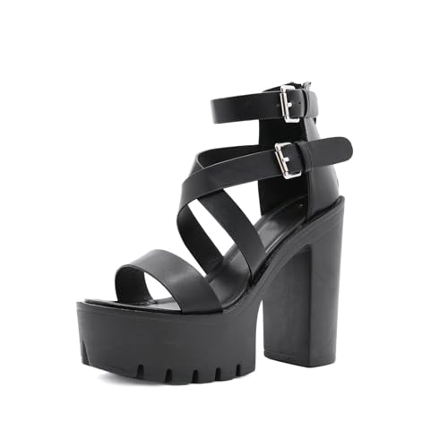 Damen Plateau Sandalen - 13cm extra hoher Absatz rutschfestes, klobiges Blockdesign - für Party, Club, Date Night, Daily Wear,Schwarz,41 EU von FhiHUEpr