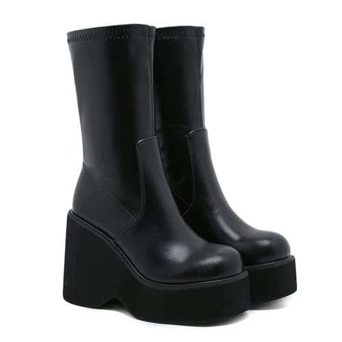 Damen Pull On Keilabsatz Stretch Mittelhohe Stiefel - Ganztägiger Komfort für Herbst, Winter, Freizeit und Reisen, vielseitige Stiefeletten,Schwarz,36 EU von FhiHUEpr