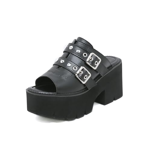 Damen Punk Gothic Chunky Block Heel Comfort Slide Sandalen - Anti-Slip Arch Support Sommer Sandalen (Weite Breite),Schwarz,40 EU von FhiHUEpr