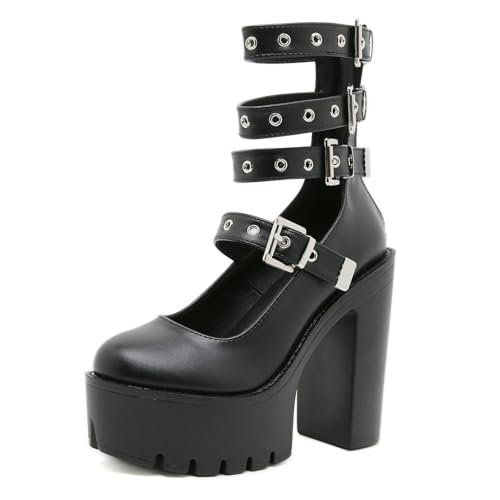 Damen Punk Plateau Pumps mit Nietenschnalle und 13 cm klobigen Absatz - Schuhe für Nachtclub, Konzerte, Veranstaltungen,Schwarz,36 EU Damen Punk Plateau Pumps mit Nietenschnalle und 13 cm klobigen Absatz - Schuhe für Nachtclub, Konzerte, Veranstaltungen,Schwarz,36 EU von FhiHUEpr