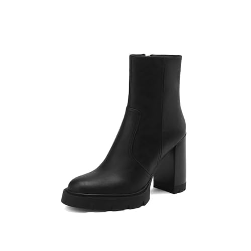 Damen Retro Chelsea Stiefel mit seitlichem Reißverschluss - Echtes Leder, niedrige Blockabsatz-Ankle Boots für Herbst und Winter, für Reisen und Date Nights,Schwarz,40 EU von FhiHUEpr