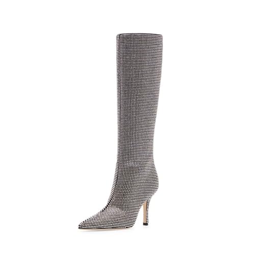 Damen Silber Strass Spitzenzehen Reißverschluss Kniehohe Stiefel, Weit geschnittene Boho Midi Stiefel für Hochzeit, Büro,Schwarz,38 EU von FhiHUEpr