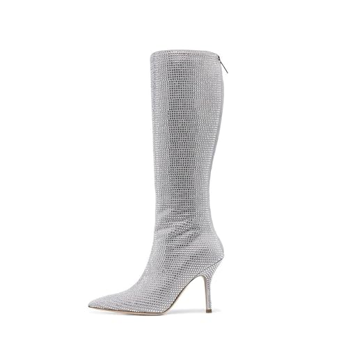 Damen Silber Strass Spitzenzehen Reißverschluss Kniehohe Stiefel, Weit geschnittene Boho Midi Stiefel für Hochzeit, Büro,Silber,37 EU von FhiHUEpr