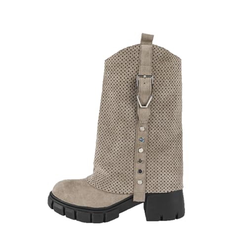 Damen Stiefel in weiter Weite bis zur Mitte der Waden, lässige Western Cowboy-Stiefel für den täglichen Gebrauch, Arbeit, Reisen und Einkaufen.,Grau,39 EU von FhiHUEpr