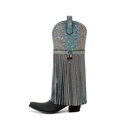 Damen-Stiefel mit Fransen aus Strass, Westernstiefel mit dickem Absatz und spitzer Spitze für Partys, Musikfestivals, Schwarz , 43 EU von FhiHUEpr