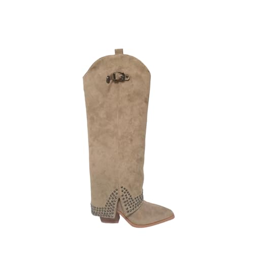 Damen Stiefel mit spitzem Zehen und niedrigem Blockabsatz - Weit geschnittene Kniehohe Stiefel für Konzerte, Reisen, Arbeit,Beige,37 EU von FhiHUEpr