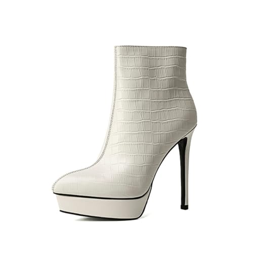 Damen Stiefeletten mit spitzem Zehenbereich und seitlichem Reißverschluss - 13CM Stiletto-Absatz Herbst-Winter Stiefel für Nachtclubs, Date-Nights, Reisen,Weiß,38 EU von FhiHUEpr