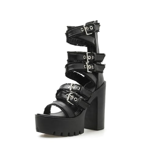 Damen Y2K Chunky Heel Gladiator Sandalen für Rave - Gothic Metallic Buckle Sandalen, für Nachtclub, Festival Mode,Schwarz,41 EU von FhiHUEpr