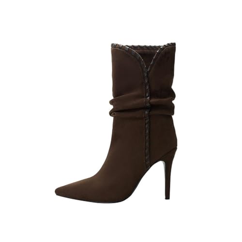 Dunkelbraune Wildleder-Stiletto-Absatz-Stiefeletten für Frauen - Komfortable Boots für den Alltag, Büro, Abendveranstaltungen im Herbst/Winter,Braun,41 EU von FhiHUEpr
