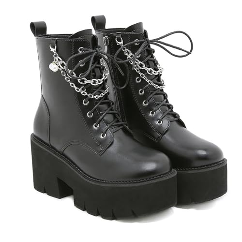 FhiHUEpr Chunky Damen-Kampfstiefel mit Blockabsatz für Herbst/Winter - Weite Passform, seitlicher Reißverschluss - mittelhohe Stiefel für die Festivalsaison, Partynächte,Schwarz,42 EU von FhiHUEpr
