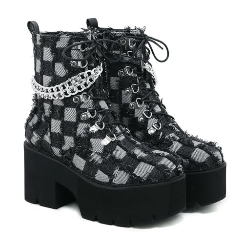 FhiHUEpr Chunky Heel Plateau Stiefeletten für Damen - Nietenbesetzte Kampfstiefel aus veganem Leder mit Breiten Waden für Konzert, Cosplay, Date Night,Schwarz,40 EU von FhiHUEpr