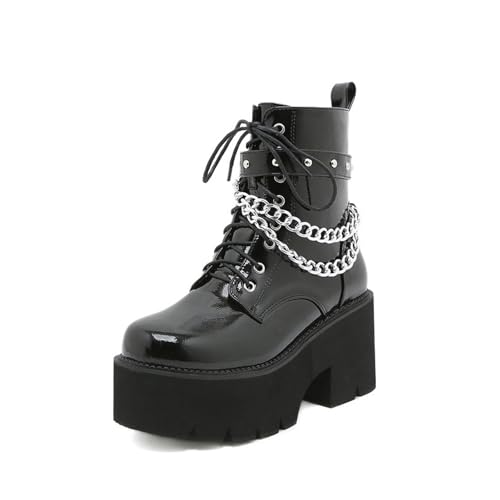 FhiHUEpr Chunky Lace-Up Chelsea Stiefeletten mit Blockabsatz für Damen - Herbst Winter Gothic Lolita Kampfstiefel für Büro, Date Night, Tägliche Outfits,Schwarz,41 EU von FhiHUEpr