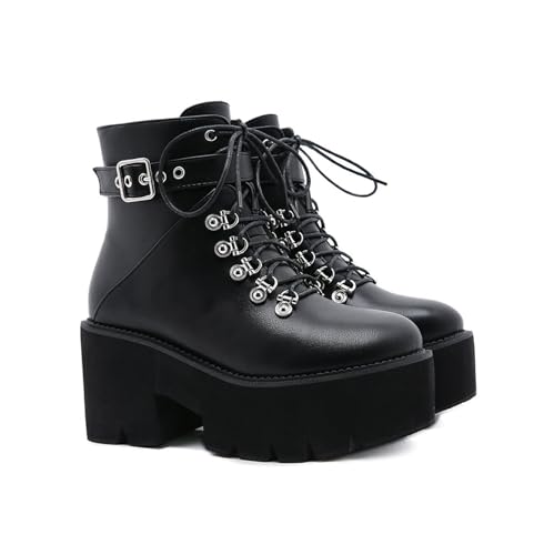 FhiHUEpr Chunky Plateau-Stiefeletten mit Schnürung für Damen - Herbst/Winter Stiefeletten für Streetstyle- und Konzert-Outfits,Schwarz,43 EU von FhiHUEpr