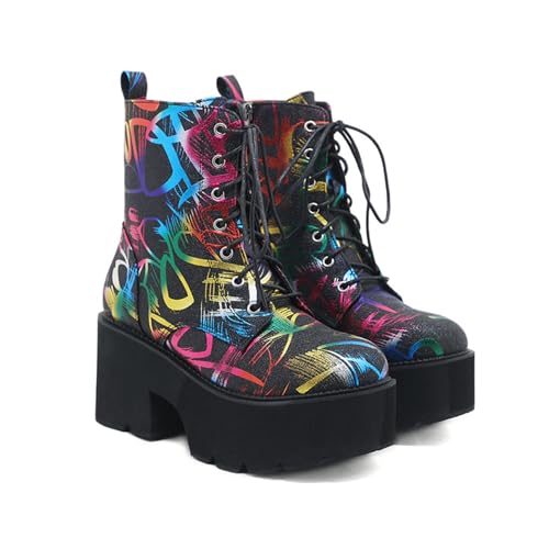 FhiHUEpr Chunky Winter Booties mit Blockabsatz für Damen - rutschfeste Plateau-Stiefeletten für Revival Party, Gehen, Tanzen,Schwarz,39 EU von FhiHUEpr