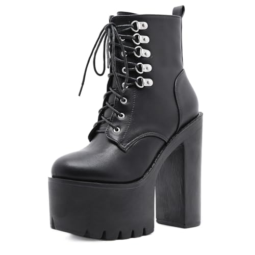 FhiHUEpr Damen 15cm Ultra High Block Heel Lace-Up Combat Ankle Boots - Leichte, Bequeme Winterstiefel für tägliche Outfits,Schwarz,38 EU von FhiHUEpr