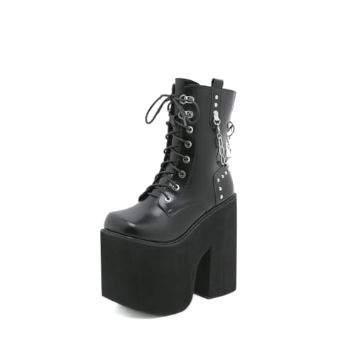 FhiHUEpr Damen 16CM Ultra High Plus Size Plateau Gothic Stiefeletten, Y2K Stiefeletten für Bühnenperformance, Cosplay, Nachtclub,Schwarz,35 EU von FhiHUEpr