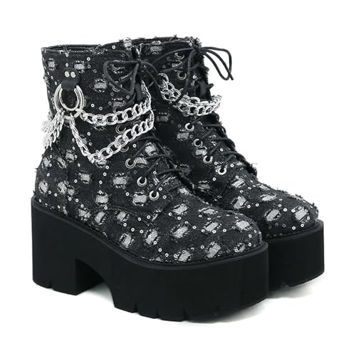 FhiHUEpr Damen 3,15 Zoll Chunky Stiefeletten mit Blockabsatz - Kampfstiefel mit Plateaustollen und Stollen für Konzertveranstaltungen, Ausgehen,Schwarz,37 EU von FhiHUEpr