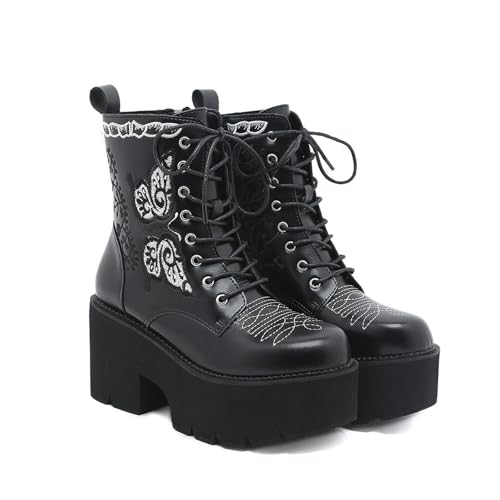 FhiHUEpr Damen 8cm Chunky Blockabsatz Schnürstiefel Schnürschuhe - Retro Plateau Stiefeletten für Revival Party, Gehen, Tanzen,Schwarz,39 EU von FhiHUEpr