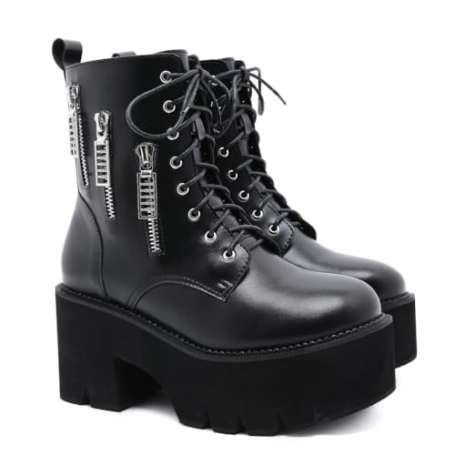FhiHUEpr Damen 8cm Plateau-Kampfstiefel mit Blockabsatz und runder Zehe - Stiefeletten für die Herbstmode, perfekt zum Reiten, Reisedaten,Schwarz,38 EU von FhiHUEpr