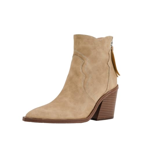 FhiHUEpr Damen Chelsea Stiefeletten - Spitze Zehenpartie Chunky Heel Herbst Winter Mode Low Heel Stiefeletten - für lässige Ausflüge, Büro,Beige,38 EU von FhiHUEpr