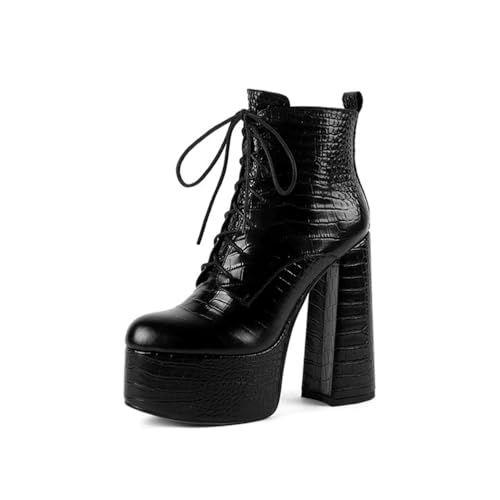 FhiHUEpr Damen Chunky Blockabsatz Plattform Schnürstiefeletten - Breite Stiefeletten für den täglichen Gebrauch, Hochzeiten, Weihnachten,Schwarz,38 EU von FhiHUEpr