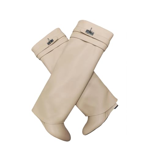 FhiHUEpr Damen Extra Wide Calf Knee High Boots - Rutschfester Keilabsatz Mid-Calf Boots zum Gehen Pendeln Reiten, beige, 38 EU von FhiHUEpr