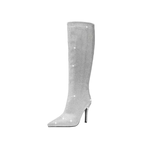 FhiHUEpr Damen Glitzer Strass Kniehohe Stiefel - Slip-On Wadenhohe Stilettos für Hochzeiten, Büro, Festivals,Silber,34 EU von FhiHUEpr