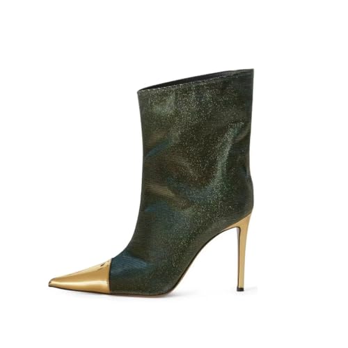 FhiHUEpr Damen Glitzernde Gold Samt Slipper Ankle Boots, Über 3 Zoll Stiletto Absatz Kleid Stiefel für Büro, Verabredung, Abendveranstaltungen,Grün,36 EU von FhiHUEpr