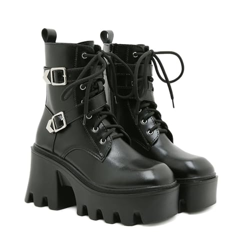 FhiHUEpr Damen Herbst Winter Runde Zehe Chunky Block Heel Stiefeletten mit seitlichem Reißverschluss - Motorradstiefel für Night Club,Schwarz,36 EU von FhiHUEpr