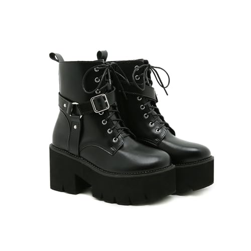 FhiHUEpr Damen Kampfstiefel - Lässige Outdoor-Stiefeletten - Chunky Block Heel Herbst Winter Reitstiefeletten Schuhe zum Gehen, Ausgehen,Schwarz,37 EU von FhiHUEpr