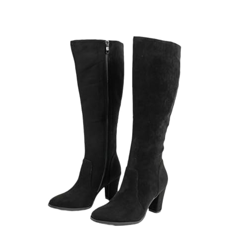 FhiHUEpr Damen Kniehohe Stiefel in breiter Weite - Winterstiefel mit seitlichem Reißverschluss - Modische Stiefel bis zur Mitte der Wade für den täglichen Casual-Look, Büro, Party,Schwarz,42 EU von FhiHUEpr