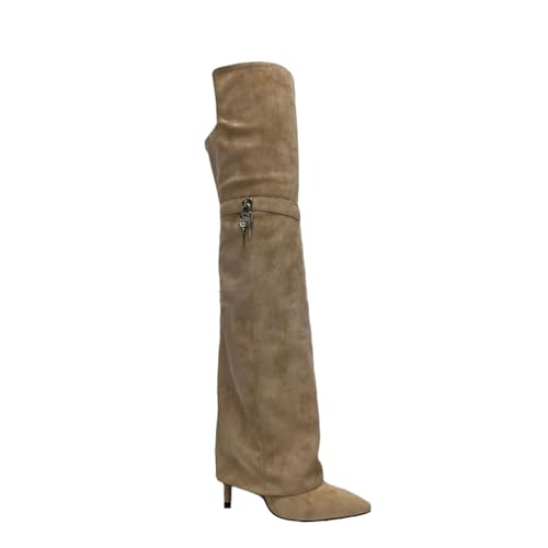 FhiHUEpr Damen Kniehohe Stiefel mit Gummizug - 9CM/3.5IN Stiletto-Absatz, Stiefel bis zur Wadenmitte für Hochzeiten, Büro, Nachtclubs, Dates, Partys,Beige,43 EU von FhiHUEpr