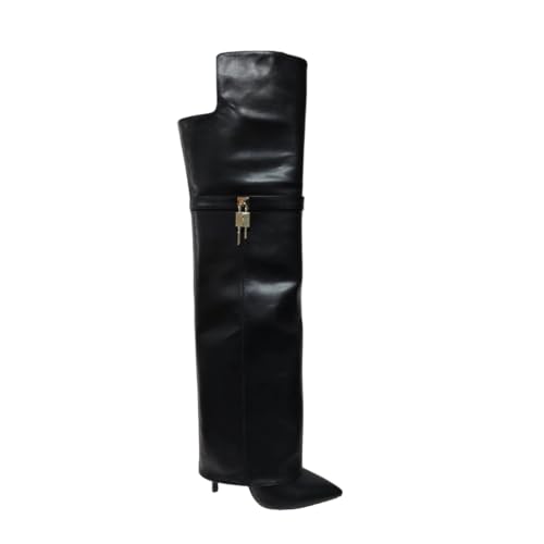FhiHUEpr Damen Kniehohe Stiefel mit Gummizug - 9CM/3.5IN Stiletto-Absatz, Stiefel bis zur Wadenmitte für Hochzeiten, Büro, Nachtclubs, Dates, Partys,Schwarz,39 EU von FhiHUEpr