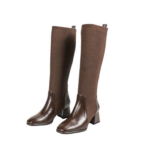 FhiHUEpr Damen Knielange Stretchsockenstiefel mit Blockabsatz - für den täglichen Arbeitsweg, Büro-Outfits und legere Ausgänge,Braun,37 EU von FhiHUEpr