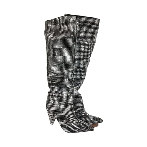 FhiHUEpr Damen-Kniestiefel mit Strass, weite Weite, bequeme Halb-Waden-Stiefel, für Büro, Party, Disco, Schwarz , 43 EU von FhiHUEpr