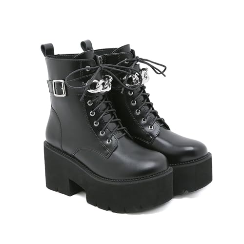 FhiHUEpr Damen Plateau-Kampfstiefel mit kleinem Absatz und Rutschfester Sohle - Herbst Winter Chelsea Stiefeletten zum Gehen, Ausgehen,Schwarz,41 EU von FhiHUEpr