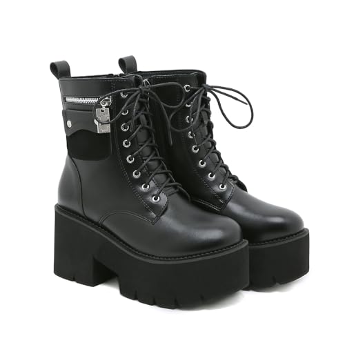 FhiHUEpr Damen Plateau Motorradstiefel mit seitlichem Reißverschluss - Bequeme Stiefeletten für Spaziergänge, Konzerte, Outdoor-Abenteuer,Schwarz,37 EU von FhiHUEpr