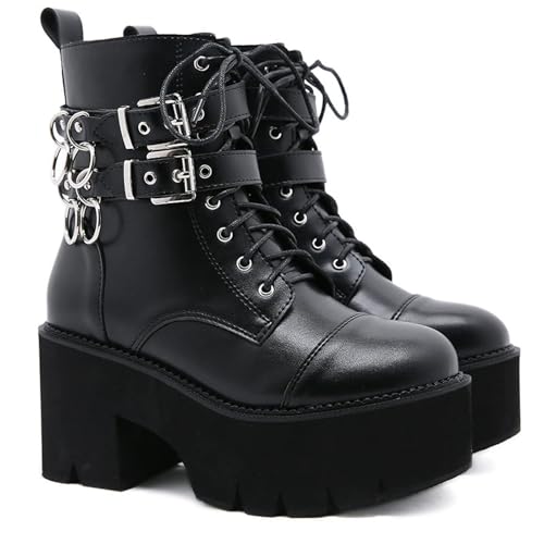 FhiHUEpr Damen Punk Rock Chunky Plateau Kampfstiefel - Plus Size Stiefeletten für Spaziergänge, Konzerte, tägliche Freizeitkleidung,Schwarz,35 EU von FhiHUEpr