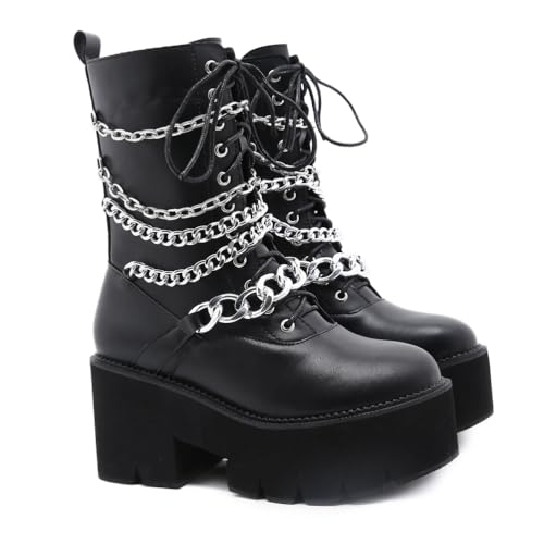 FhiHUEpr Damen Punkrock Kampfstiefel Chunky Heel Plateaustiefel - Stiefeletten mit Rutschfester Sohle für Musikfestivals, Clubbing,Schwarz,39 EU von FhiHUEpr