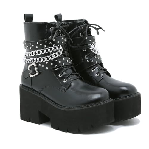 FhiHUEpr Damen Round Toe Lace Up Stiefeletten mit Rutschfester Stollensohle - Herbst Winter Mode Stiefeletten für Konzerte, Ausgehen,Schwarz,36 EU von FhiHUEpr