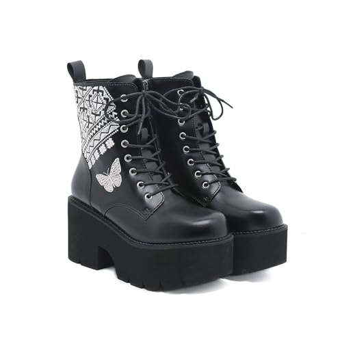 FhiHUEpr Damen Round Toe Schnürstiefel mit Plateausohle und Stollen - Herbst Winter Chelsea Stiefeletten zum Gehen, Urlaub Konzert,Schwarz,39 EU von FhiHUEpr