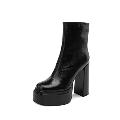 FhiHUEpr Damen Rundzehen Chunky Heel Reißverschluss Stiefeletten - Breite Booties für täglichen Spaziergang, Hochzeit, Musikfestivals,Schwarz,35 EU von FhiHUEpr